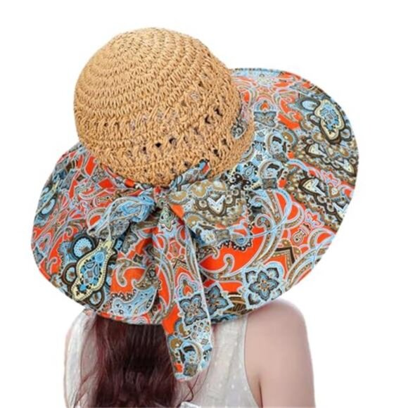 Women's Summer Anti-UV Wide Brim Hat Flower Floppy Foldable Roll Up Cap - Picture 2 of 7